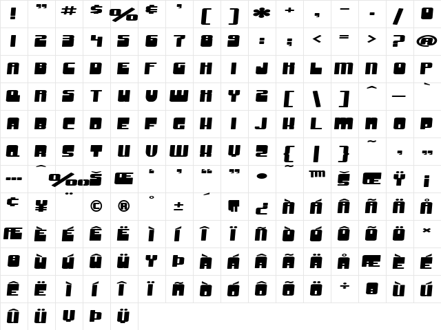 SF Groove Machine Extended Bold  glyph index
