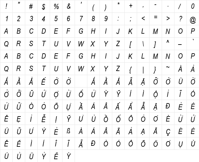 VPS Pleiku Hoa Italic  glyph index