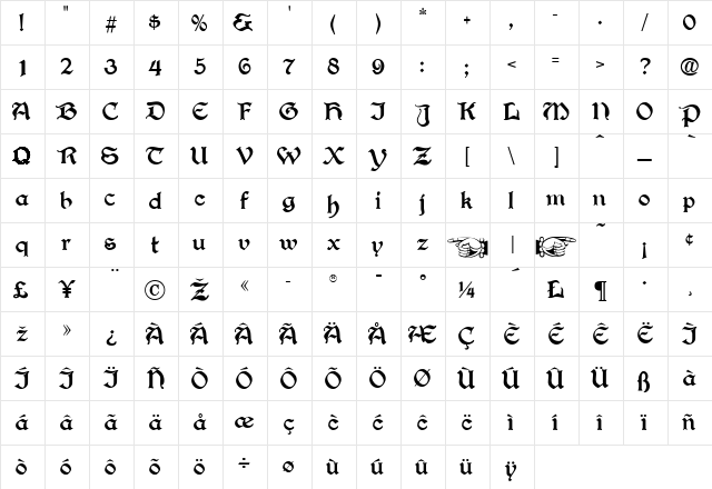 AcademyText Regular  glyph index