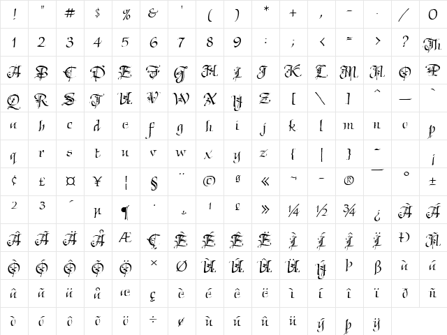 Chivalry Decorative ITCTT Regular  glyph index