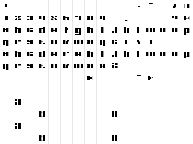 Zone Regular  glyph index