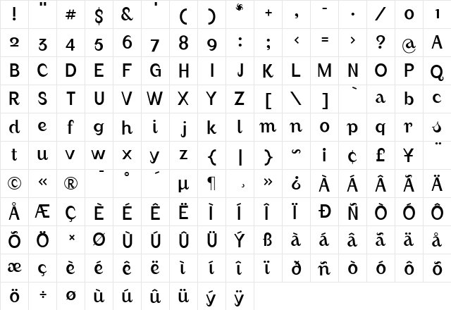 August Regular  glyph index