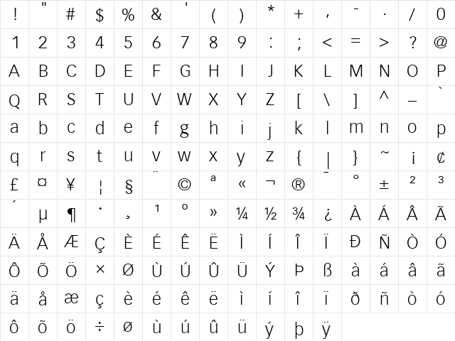 Vectora LH Regular  glyph index