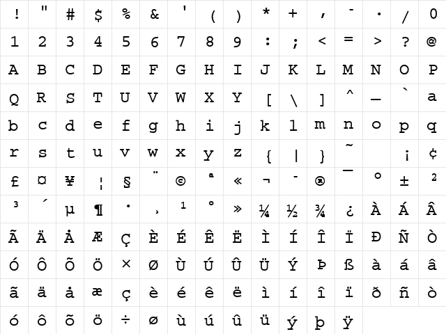 CourierM Bold  glyph index
