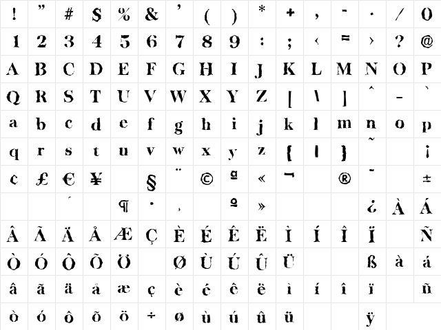 BaskervilleRandom-Xbold Regular  glyph index