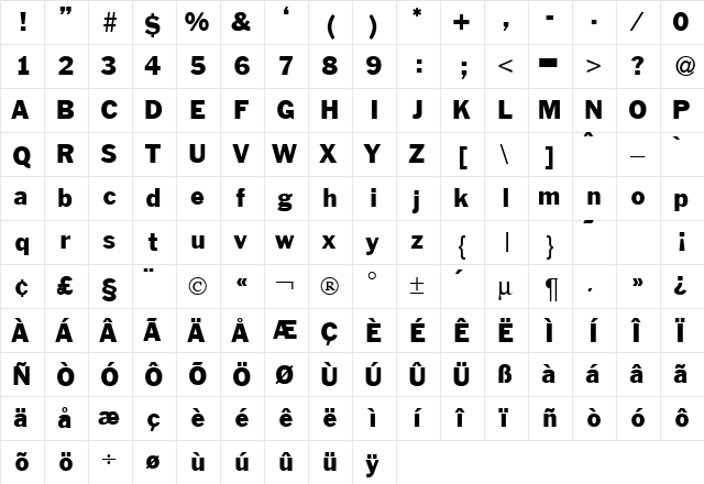 Frapant Normal  glyph index