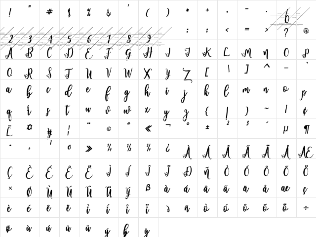 fadilla demo Regular  glyph index