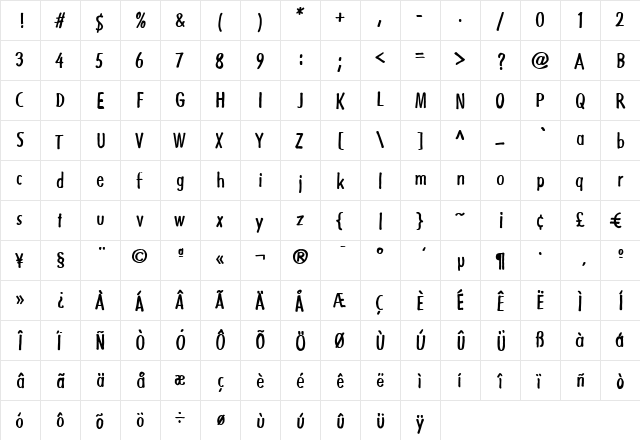 Futuramano Condensed Plain  glyph index