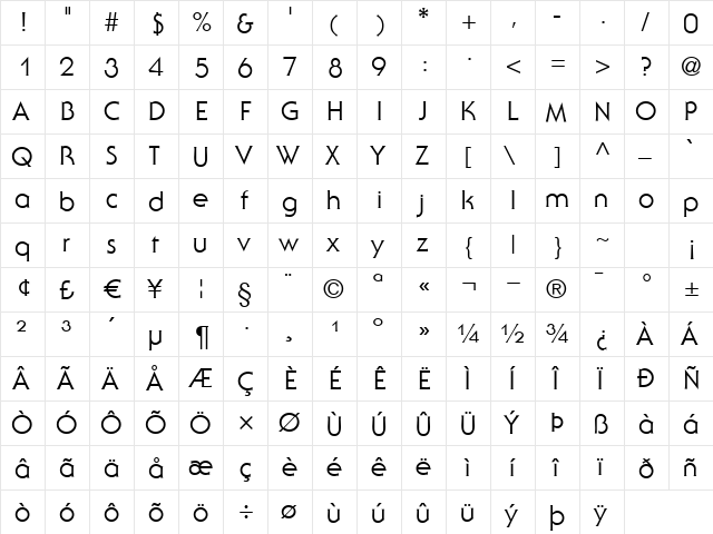 SerenadeTwo Regular  glyph index