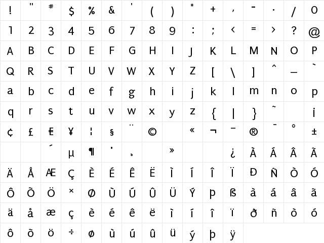 Puritan Regular  glyph index