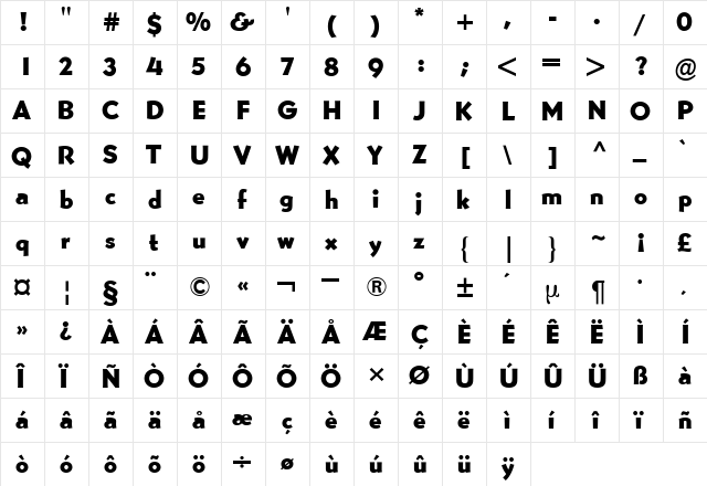 Bernhard Gothic BQ Regular  glyph index