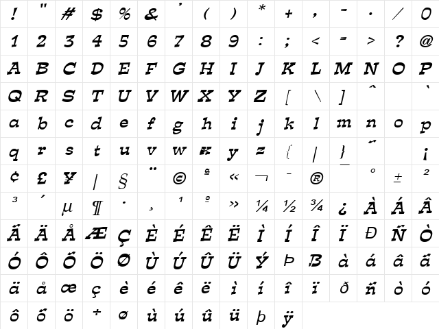 Expose Thin BoldItalic  glyph index