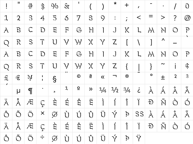 Eclipse Regular  glyph index