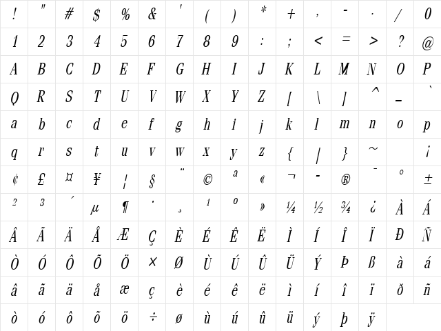 Feline Thin Italic  glyph index