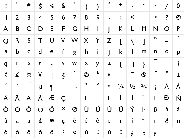 ChantillyM Regular  glyph index