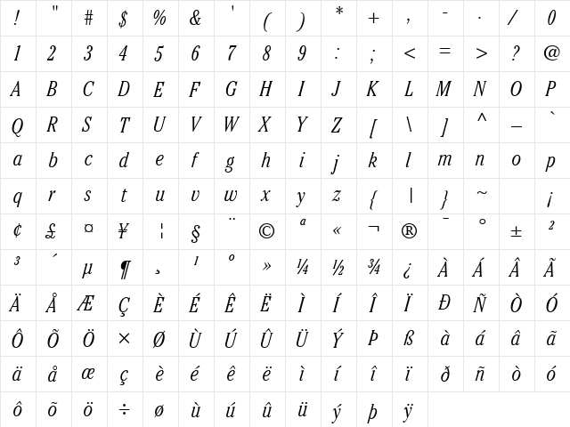 Cheltenham Light Condensed SSi Light Condensed Italic  glyph index
