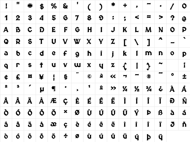 Medieval Sharp Bold  glyph index