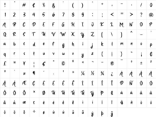 Marigolds Regular  glyph index