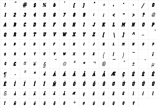 Princeton solid Condensed Italic  glyph index