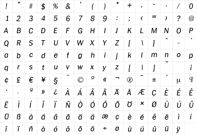 PlymouthSerial Italic  glyph index
