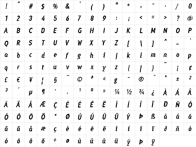 Ayumi Pro Bold Italic  glyph index