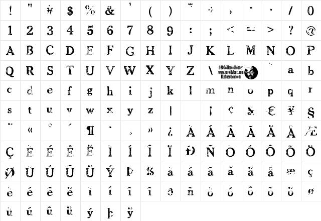 CheltPressLightVariegated Regular  glyph index