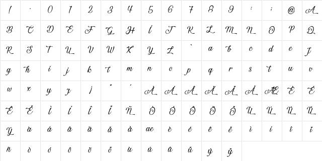 Beautiful and Openhearted Regular  glyph index