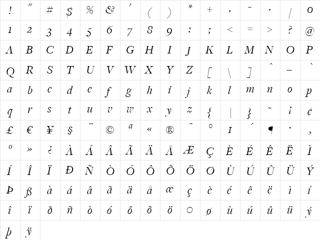 FreightDispBookItalic Regular  glyph index
