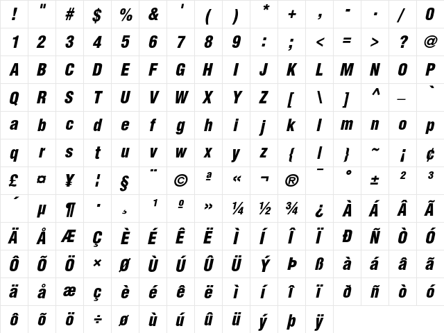 Helvetica .Condensed Black Oblique  glyph index