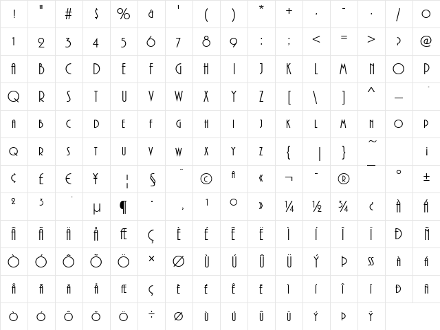 Pizzicato-Caps Regular  glyph index