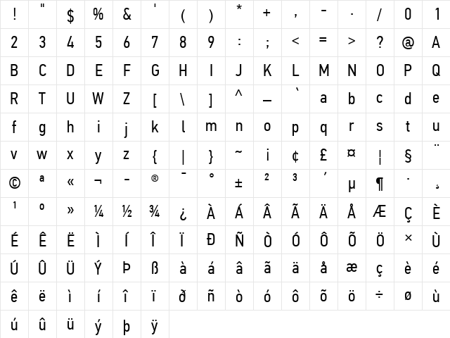 PF Din Text Cond Pro Regular  glyph index