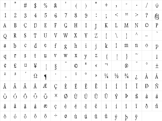 Dweebo Gothic Condensed Regular  glyph index