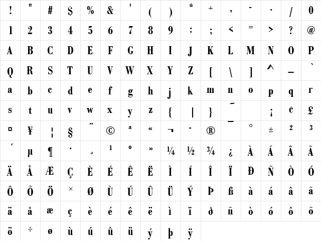 BodoniAntTDemBolCon Regular  glyph index