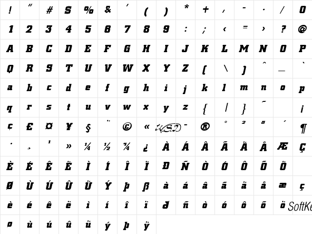 Civic Black Italic  glyph index