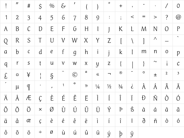 Club Type Mercurius Light  glyph index