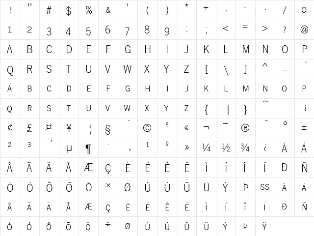 NewsGothicSmcL Regular  glyph index