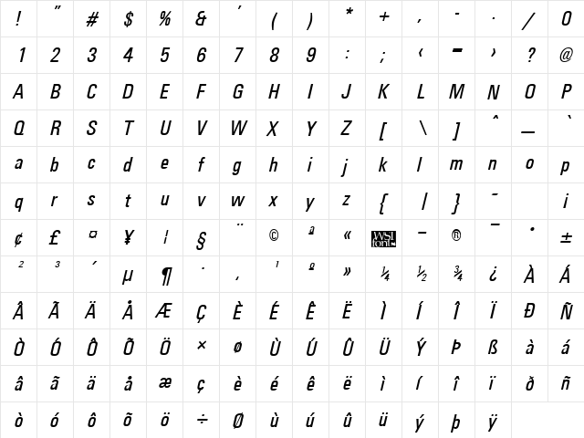 UniversalCondensed Italic  glyph index