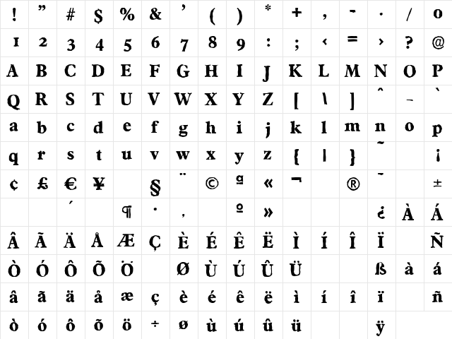 FranciscoAntique-Xbold Regular  glyph index