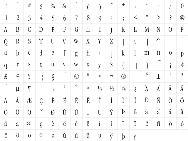 GaramItcTLigCon Regular  glyph index