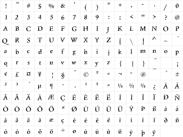 DTCGaramondM23 Regular  glyph index