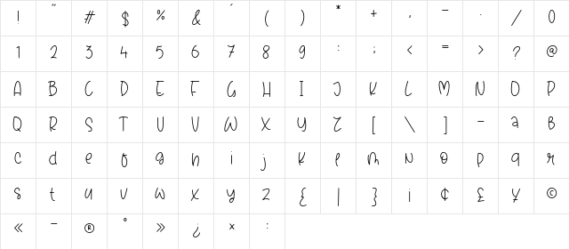 Dreamline Regular  glyph index