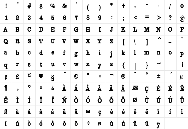 Clare Condensed Bold  glyph index