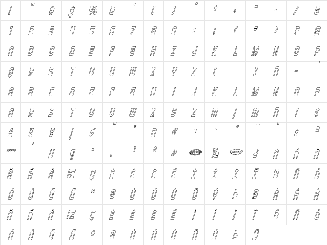 Blizzard Shaft Outline Italic Regular  glyph index