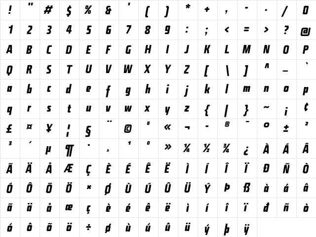 Fishmonger ECB Italic  glyph index