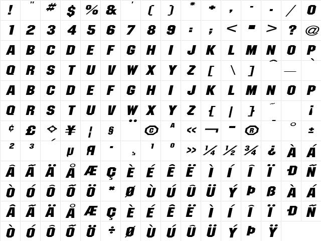 PittsburghExtended Oblique  glyph index