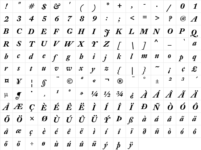 DTL Fleischmann D Bold Italic  glyph index