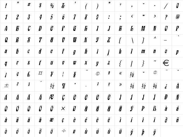 Epic Italic  glyph index