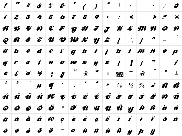 Maitre-d Regular  glyph index