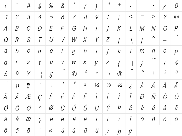 Corporate S Light Italic  glyph index
