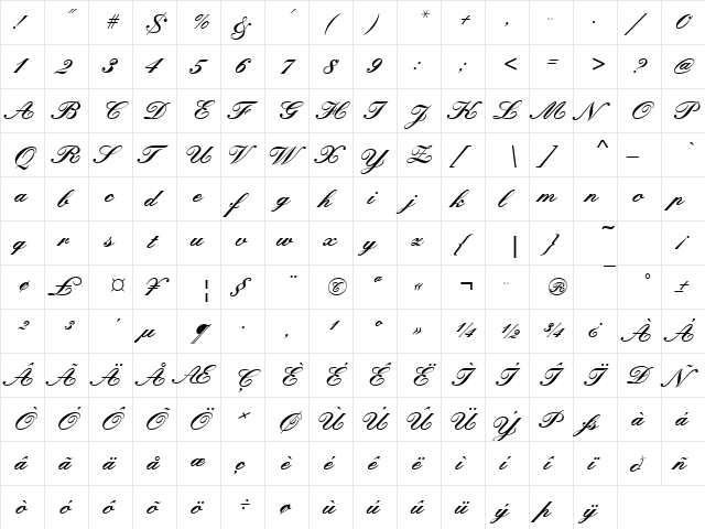 KunstlerschreibschDBol Regular  glyph index